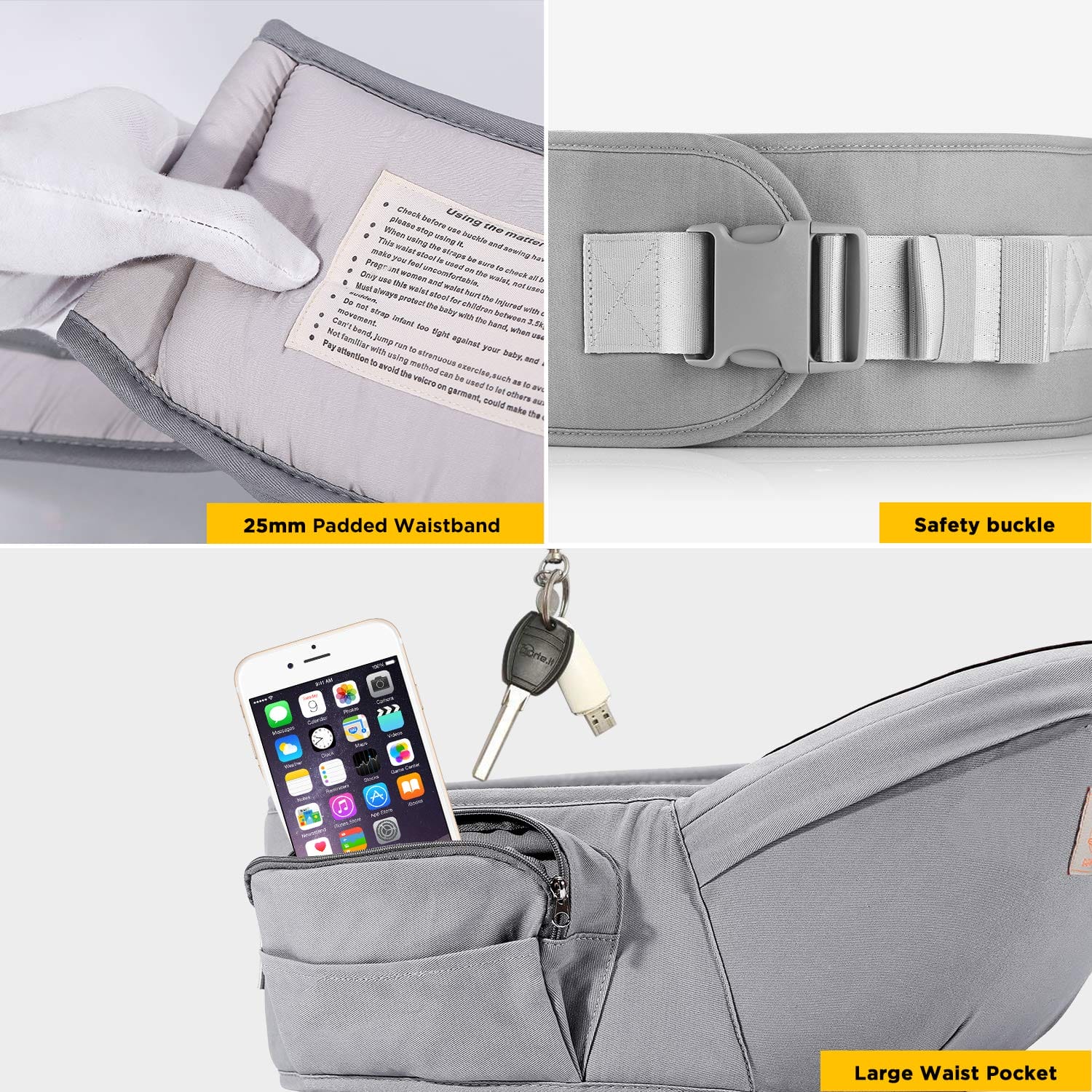 GAGAKU GGKHS1813 Baby Fotelik Biodrowy Dla Noworodka 0-36 Miesięcy Szary - obrazek 4