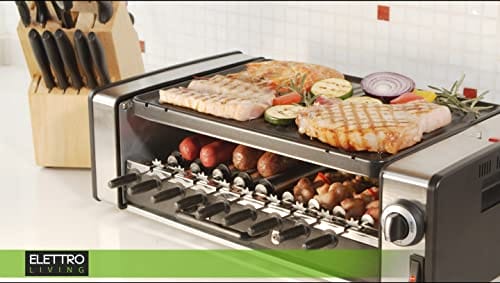 Elettro Living BBQ Wielofunkcyjny z nieprzywierającą płytą i rolkami autorotacyjnymi grill elektryczny Churrasco 475x337x144 cm 1200 W 9 szaszłyków 9 rolek taca ocieplająca Czarny i Szary - obrazek 7