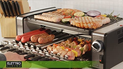 Elettro Living BBQ Wielofunkcyjny z nieprzywierającą płytą i rolkami autorotacyjnymi grill elektryczny Churrasco 475x337x144 cm 1200 W 9 szaszłyków 9 rolek taca ocieplająca Czarny i Szary - obrazek 5