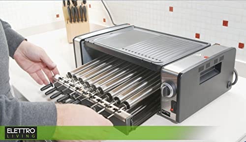 Elettro Living BBQ Wielofunkcyjny z nieprzywierającą płytą i rolkami autorotacyjnymi grill elektryczny Churrasco 475x337x144 cm 1200 W 9 szaszłyków 9 rolek taca ocieplająca Czarny i Szary - obrazek 3