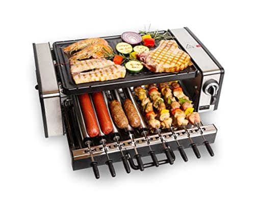 Elettro Living BBQ Wielofunkcyjny z nieprzywierającą płytą i rolkami autorotacyjnymi grill elektryczny Churrasco 475x337x144 cm 1200 W 9 szaszłyków 9 rolek taca ocieplająca Czarny i Szary - obrazek 12