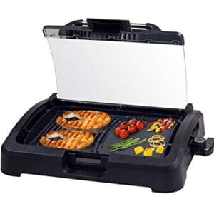 BEPER 90.871 Grill Elektryczny ze Szklaną Pokrywką, Płyta Grillowa Stal Nierdzewna, 2200 W, Czarny