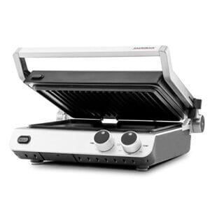 GASTROBACK Design BBQ Pro - Elektryczny Grill Kontaktowy i BBQ z 5-Stufen-Temperatureinstellung, 30-Minuten Timer, 2.000-2.400 Watt, Schwarz/Silber - Idealny do Präzisionskochen i Grillowania, 750 cm² i 1500 cm² Grillfläche, Low-Fett-Funktion, Pflegeleicht & Komfortabel - Produktbeschreibung