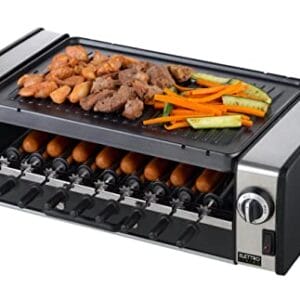 Elettro Living BBQ Wielofunkcyjny z nieprzywierającą płytą i rolkami autorotacyjnymi grill elektryczny Churrasco 475x337x144 cm 1200 W 9 szaszłyków 9 rolek taca ocieplająca Czarny i Szary