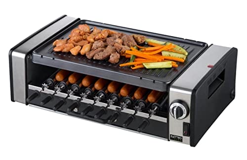 Elettro Living BBQ Wielofunkcyjny z nieprzywierającą płytą i rolkami autorotacyjnymi grill elektryczny Churrasco 475x337x144 cm 1200 W 9 szaszłyków 9 rolek taca ocieplająca Czarny i Szary