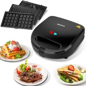 Aigostar - Opiekacz do kanapek 3 w 1 750 W 3 Zdejmowane płyty grillowe Grill kontaktowy Gofrownica Nieprzywierająca powłoka Można myć w zmywarce Trójkątny Pionowe przechowywanie Czarny