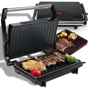 Retoo Grill kontaktowy elektryczny - 750 W, płyty do kanapek, steki, panini, opiekacz do kanapek - powłoka nieprzywierająca - wymiary 26 x 21,5 cm
