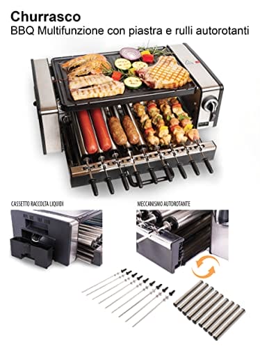 Elettro Living BBQ Wielofunkcyjny z nieprzywierającą płytą i rolkami autorotacyjnymi grill elektryczny Churrasco 475x337x144 cm 1200 W 9 szaszłyków 9 rolek taca ocieplająca Czarny i Szary - obrazek 2
