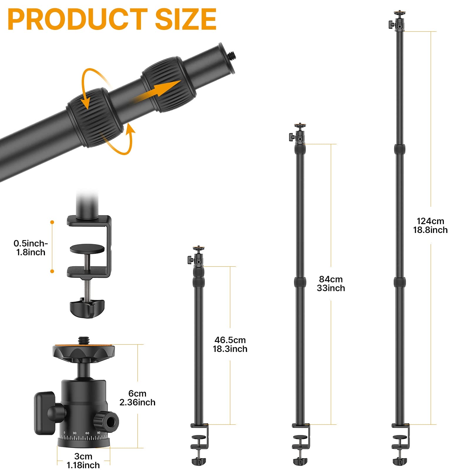 VIJIM LS03 - Wysuwany statyw z zaciskiem stołowym | Regulacja 45-124 cm | Metalowy | Dla aparatów i telefonów | Głowica 360° | Tripody - obrazek 2