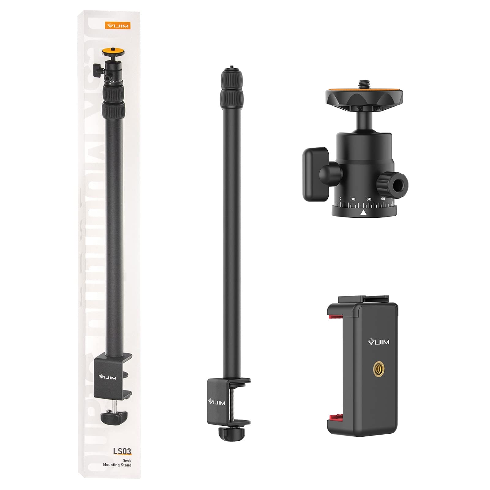 VIJIM LS03 - Wysuwany statyw z zaciskiem stołowym | Regulacja 45-124 cm | Metalowy | Dla aparatów i telefonów | Głowica 360° | Tripody - obrazek 4