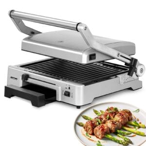 MPM MGR-11M Grill Elektryczny 2 Sposoby: Płyty Zamknięte|Płyty Otwarte, Regulowana Wysokość Płyty Górnej, Regulacja Temperatury 150-230°C, Obudowa ze Stali Nierdzewnej 2000W