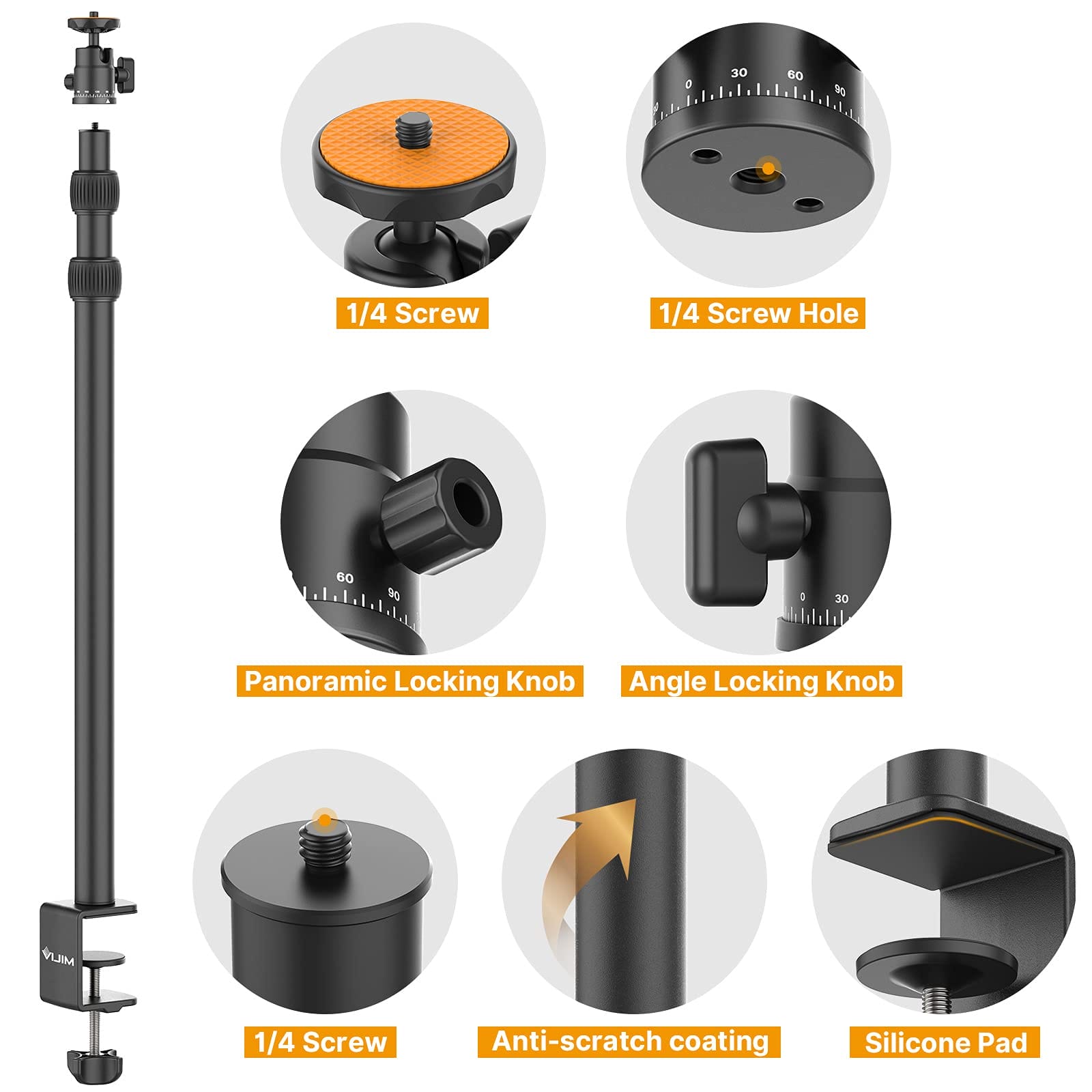 VIJIM LS03 - Wysuwany statyw z zaciskiem stołowym | Regulacja 45-124 cm | Metalowy | Dla aparatów i telefonów | Głowica 360° | Tripody - obrazek 5