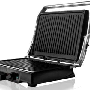 Żeliwny grill elektryczny z podwójną płytą nieprzywierającą 1800W - BEHOME, regulowana temperatura, taca do zbierania tłuszczu