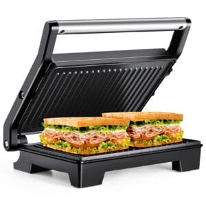 Tiastar Elektryczna grill Panini Press 1000 W - Elektryczna kanapka z powłoką zapobiegającą przywieraniu, otwieranie 180º, uchwyt na zimno, czarny