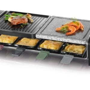 SEVERIN Rg 9645 Grill Szary/Czarny 1 Sztuka - Elektryczny Grill Raclette z Naturgrillsteinem i Antihaft-Beschichtungą | 1400W | 8 Raclette Pfännchen | Schwarz | Grill elektryczny