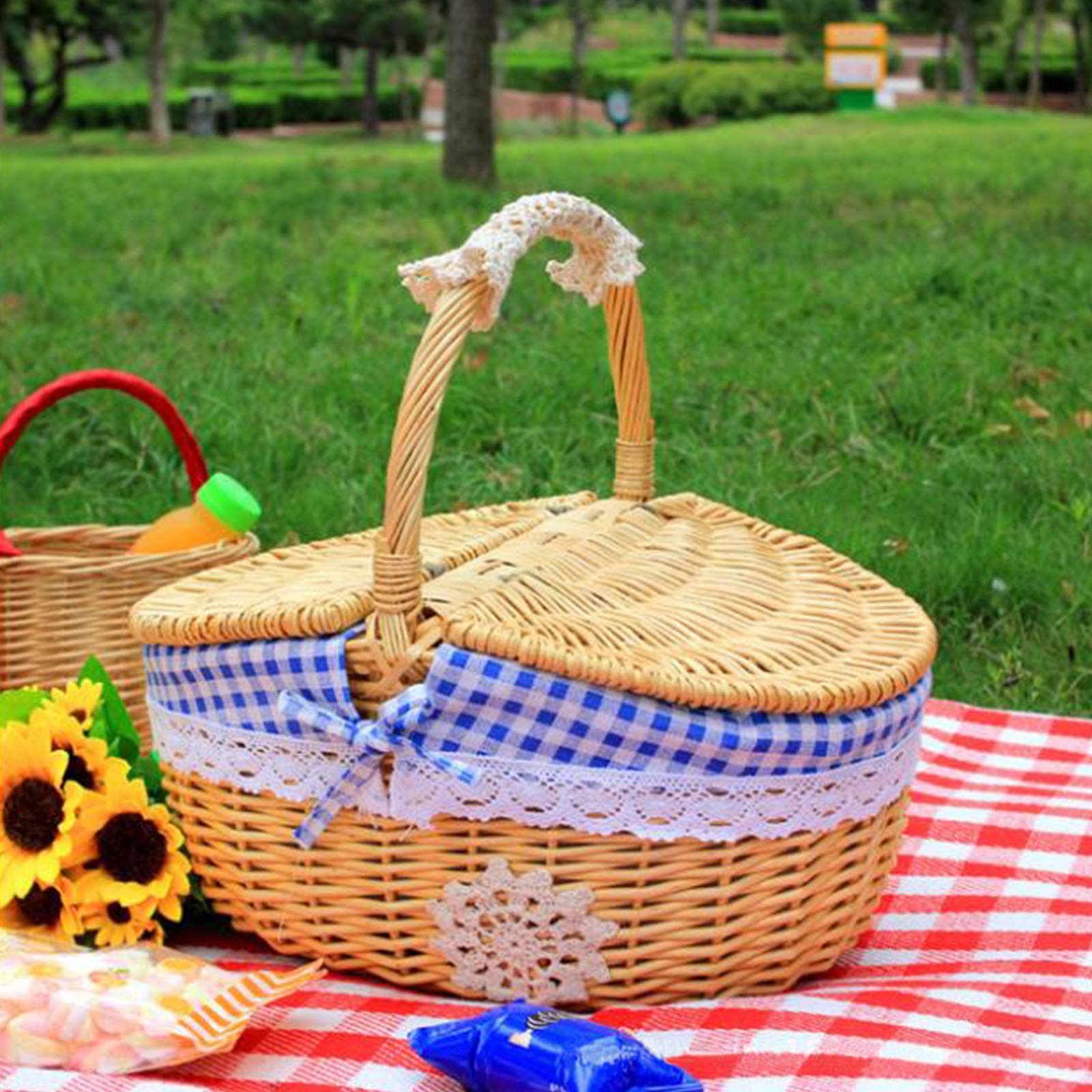 YLSZHY Wiklinowe kosze piknikowe z uchwytem pleciony kosz piknikowy z - obrazek 3