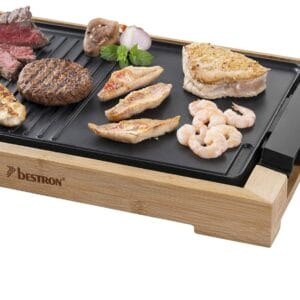 Bestron AG2000BB Teppanyaki - Elektryczny grill stołowy z obudową bambusową, 2000 W, czarny metal