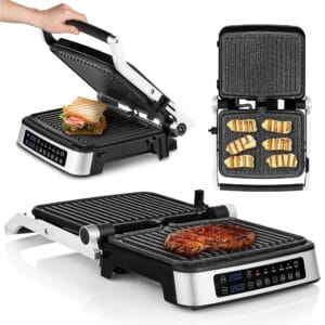 ZEEGMA GRILL CHEF Elektryczny Grill i Opiekacz 2 w1 Moc2100 W Nieprzywieralna Płyta Ceramiczna 5 Programów Timer Powiadomienia Dźwiękowe Dotykowy Panel LED