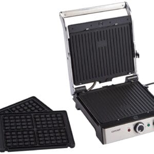 CONCEPT Hausgeräte GE2010 Elektryczny Grill Kontaktowy do BBQ 3w1 - 180° Rozkładany, 4 Płyty z Powłoką Przywierającą, 2000W, Srebrny