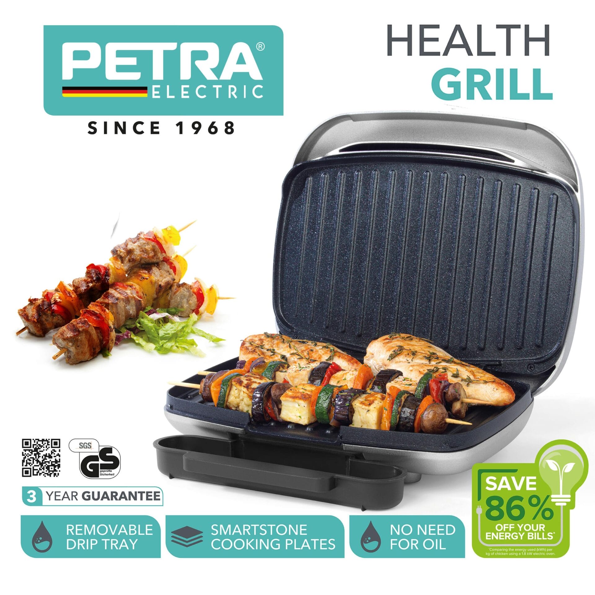 Petra PT5316HEVDEEU10 Kontaktgrill - Pflegeleichte Grillplatten mit Smartstone-Antihaftbeschichtung - Panini-Presse mit abnehmbarer Abtropfschale - Kochen ohne Öl - Sandwiches Gemüse Fleisch Spieße - obrazek 8