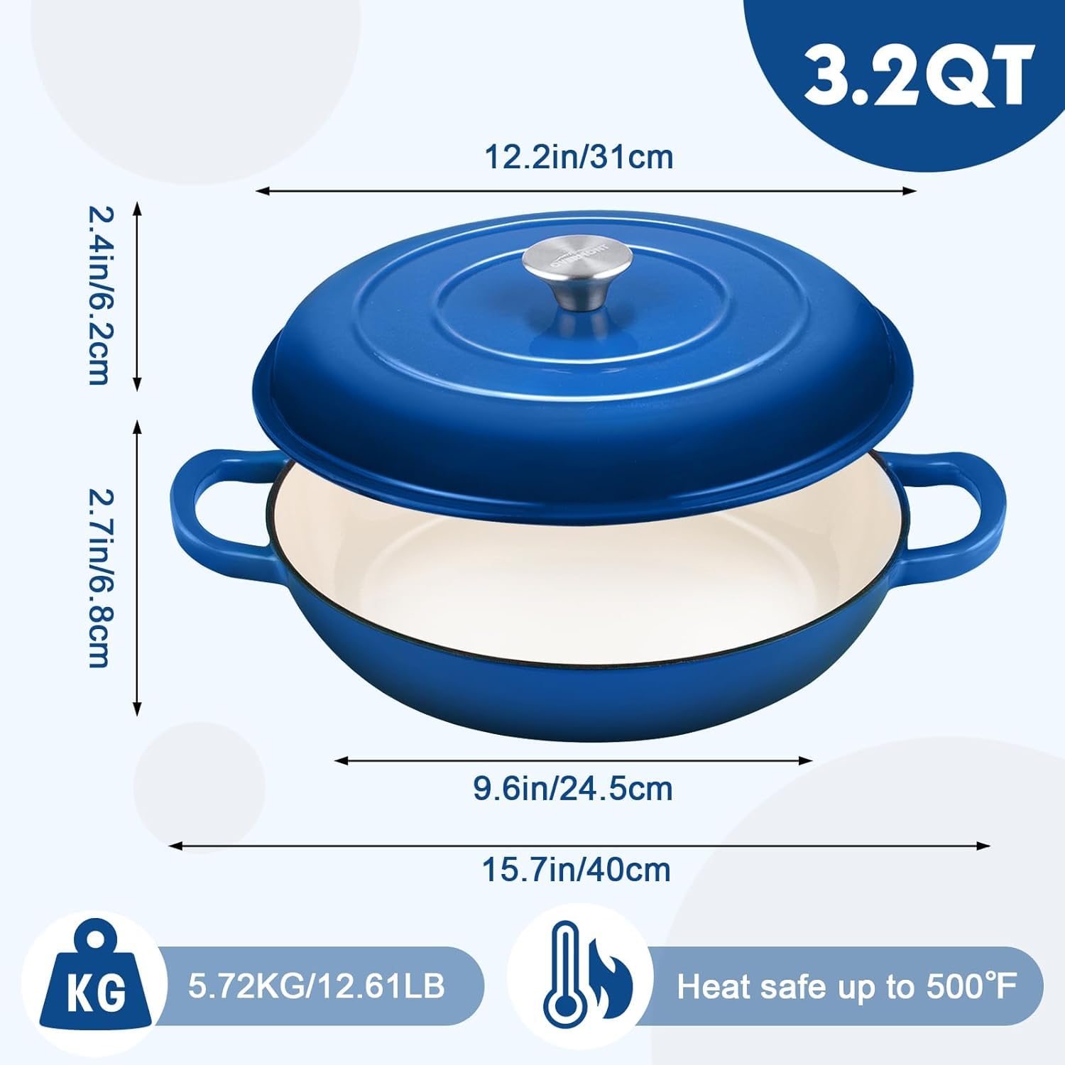 Płytki żeliwny garnek 30 cm z pokrywką, nieprzywierający, niebieski 3 l – OVERMONT - obrazek 3
