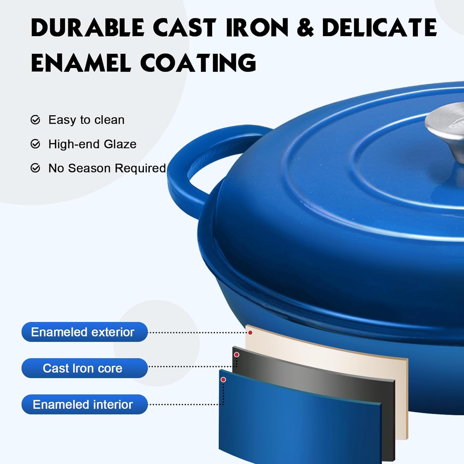 Płytki żeliwny garnek 30 cm z pokrywką, nieprzywierający, niebieski 3 l – OVERMONT - obrazek 6