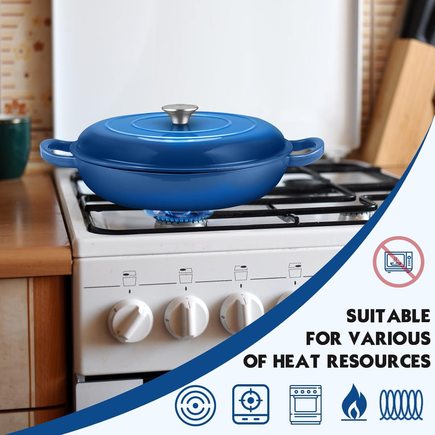 Płytki żeliwny garnek 30 cm z pokrywką, nieprzywierający, niebieski 3 l – OVERMONT - obrazek 4