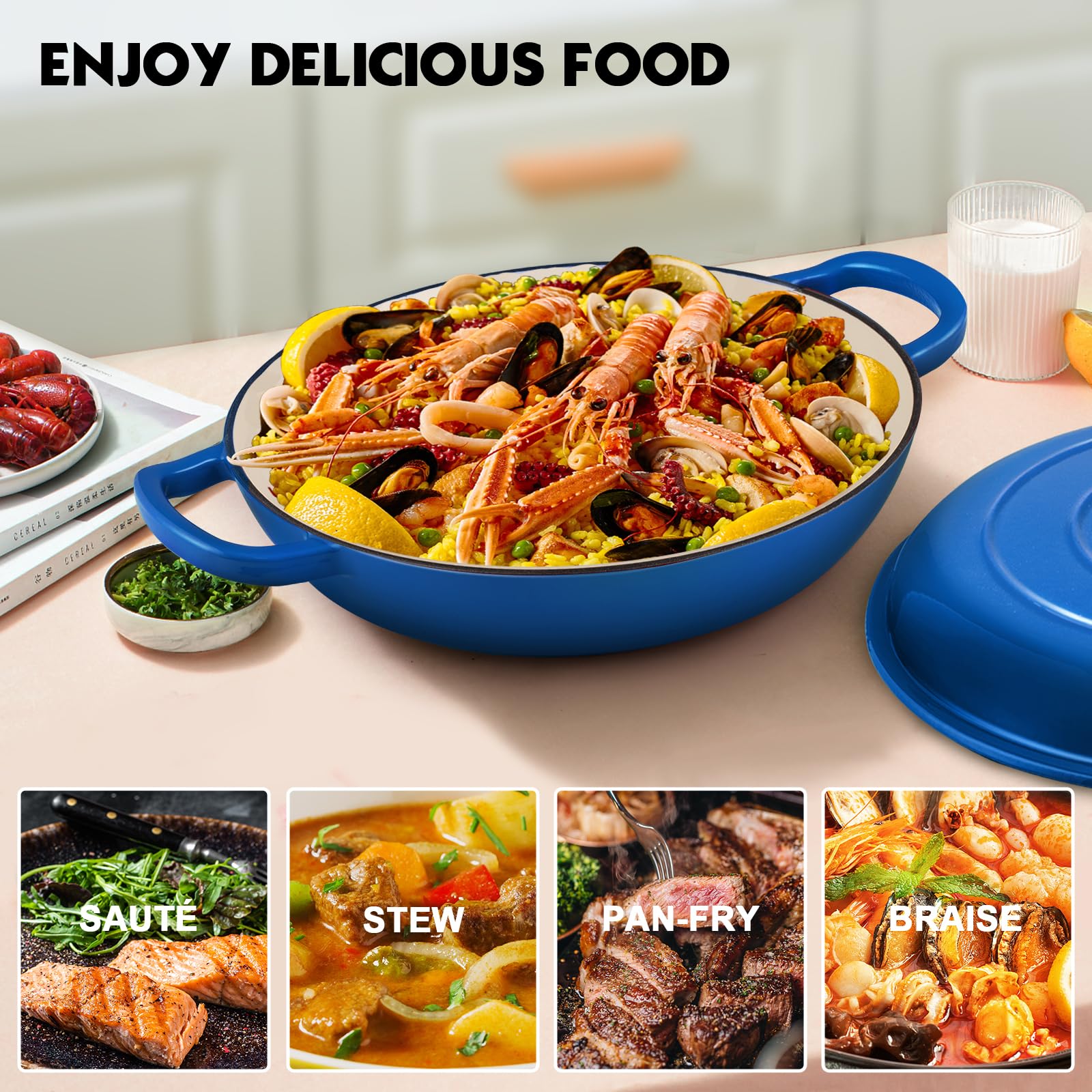 Płytki żeliwny garnek 30 cm z pokrywką, nieprzywierający, niebieski 3 l – OVERMONT - obrazek 8