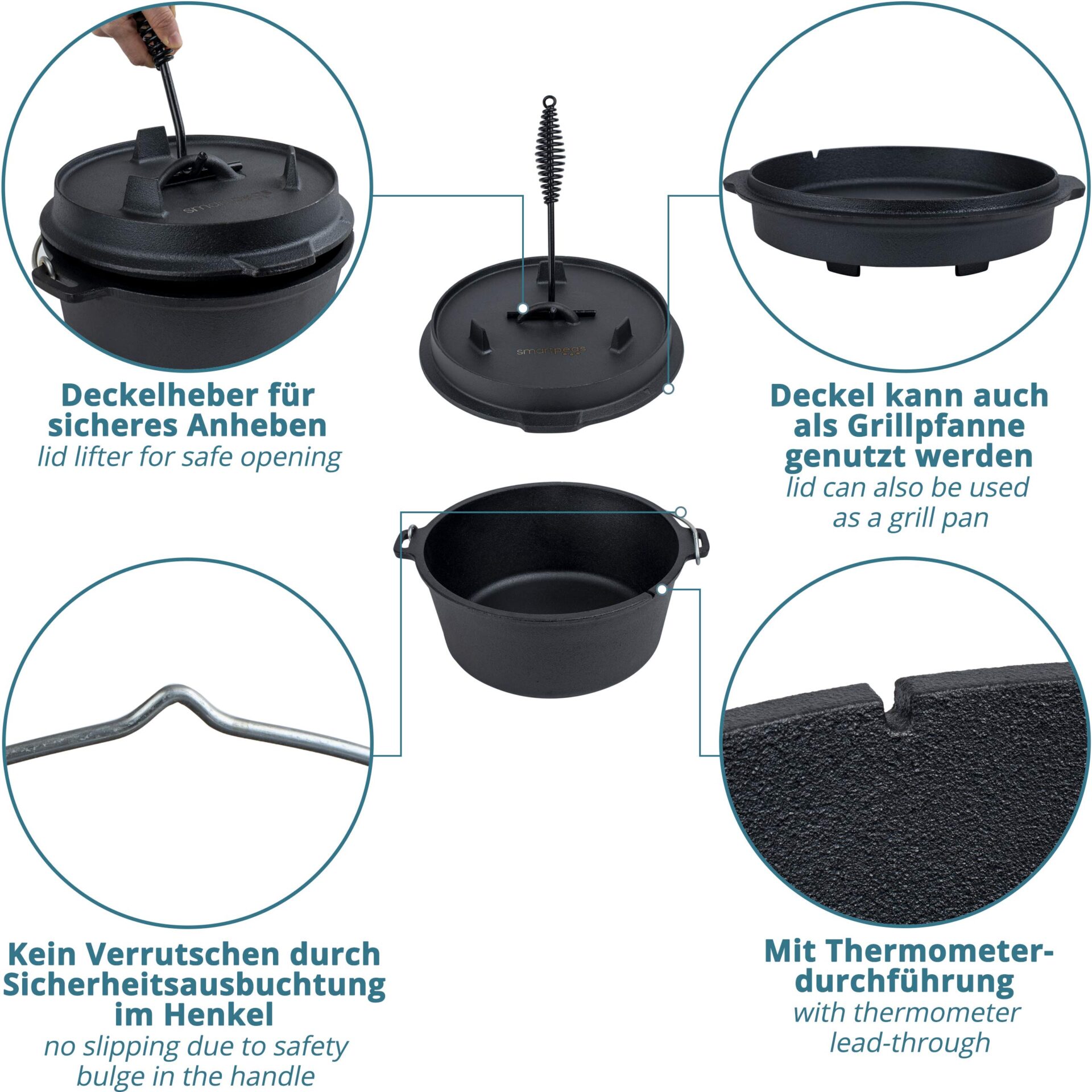 Garnek żeliwny 34 l z pokrywką – idealny na kemping i grillowanie - obrazek 6