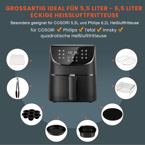 Akcesoria XXL do kwadratowej frytkownicy na gorące powietrze - pasują do urządzeń marki Cosori, Philips, Innsky, Klamer, Princess, Ninjia, Tefal (55 l, 62 l) - kolor czarny - obrazek 13