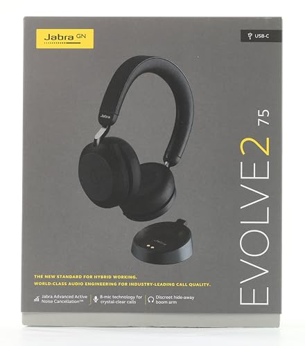 Słuchawki bezprzewodowe Jabra Evolve2 75 z dokowaniem do ładowania i technologią 8-mikrofonową - podwójne piankowe słuchawki stereo z zaawansowaną aktywną redukcją hałasu, adapterem Bluetooth USB-C i kompatybilnością UC - Czarny - obrazek 6