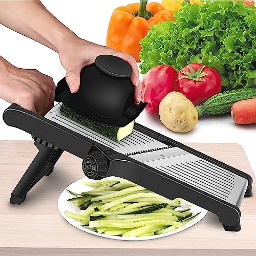 Profesjonalna krajalnica mandolina do warzyw z regulowaną stalą nierdzewną i rękawiczkami ochronnymi - ręczna krajarka tnie grube plastry od 1 do 9 mm - obrazek 3