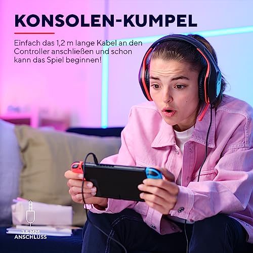 Trust Gaming GXT 415S Zirox - Lekkie kaski do gier na Nintendo Switch z mikrofonem i sterownikami 50 mm - Przewodowe słuchawki Over-Ear w kolorze Czarno-Czerwonym - obrazek 15