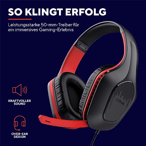 Trust Gaming GXT 415S Zirox - Lekkie kaski do gier na Nintendo Switch z mikrofonem i sterownikami 50 mm - Przewodowe słuchawki Over-Ear w kolorze Czarno-Czerwonym - obrazek 16