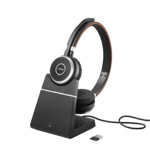 Jabra Evolve 65 SE - Bezprzewodowy zestaw słuchawkowy Bluetooth z mikrofonem redukującym szumy, długotrwałą baterią i podstawką do ładowania - Certyfikat UC dla Zoom, Unify i innych - Kolor czarny
