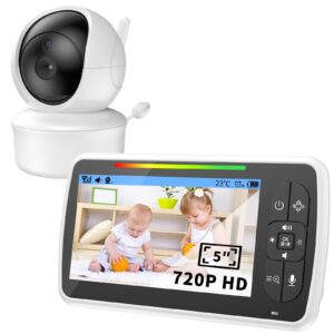 GAOEEIN Babyphone Camera 5″ 720P HD Monitor wideo z kamerą i dźwiękiem, tryb VOX/ECO, noktowizor, kołysanki, komunikacja dwukierunkowa, czujnik temperatury