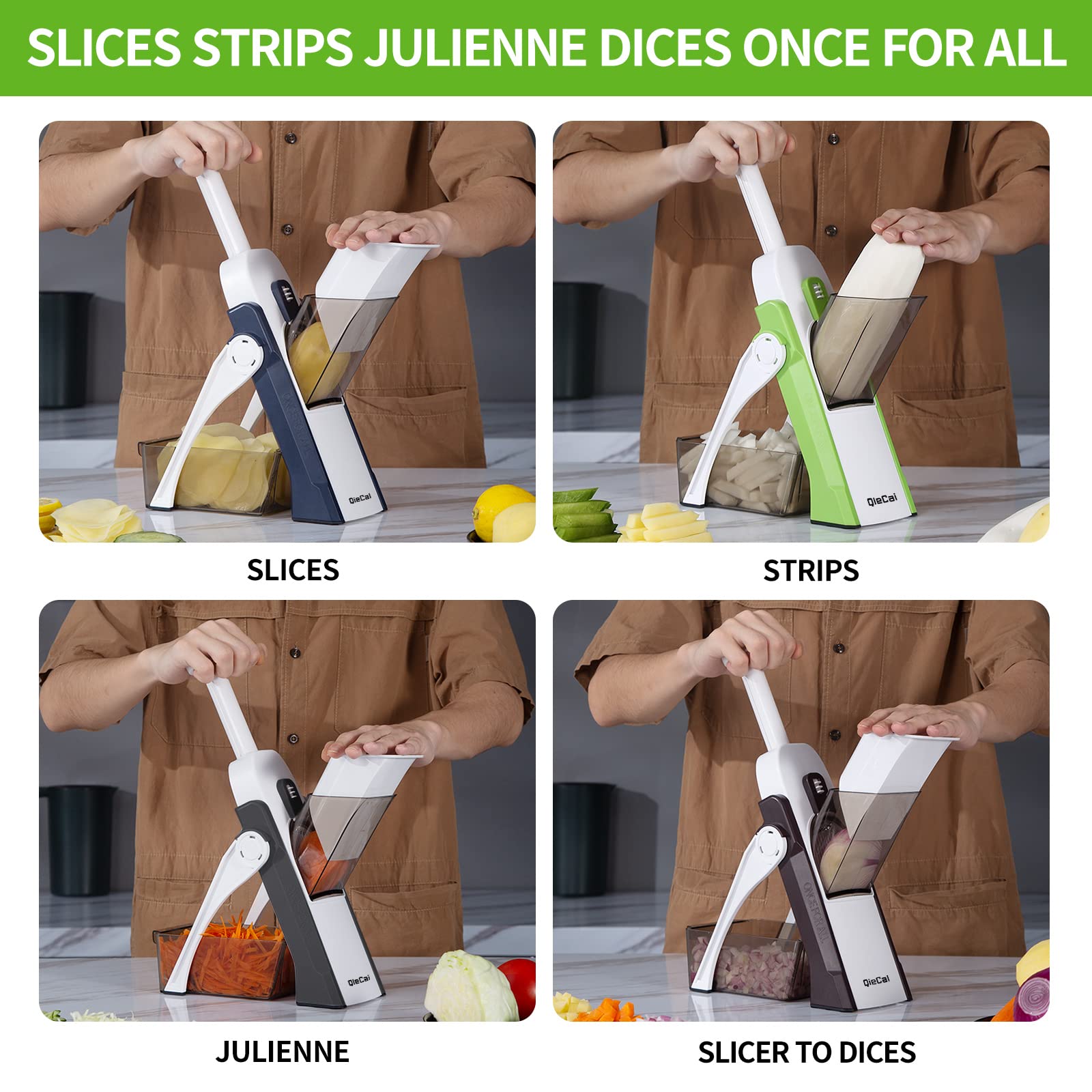 Profesjonalna mandolina do krojenia warzyw z pojemnikiem i regulatorem grubości - 30 ustawień, szybkie i bezpieczne krojenie warzyw do cebuli i ziemniaków - obrazek 3