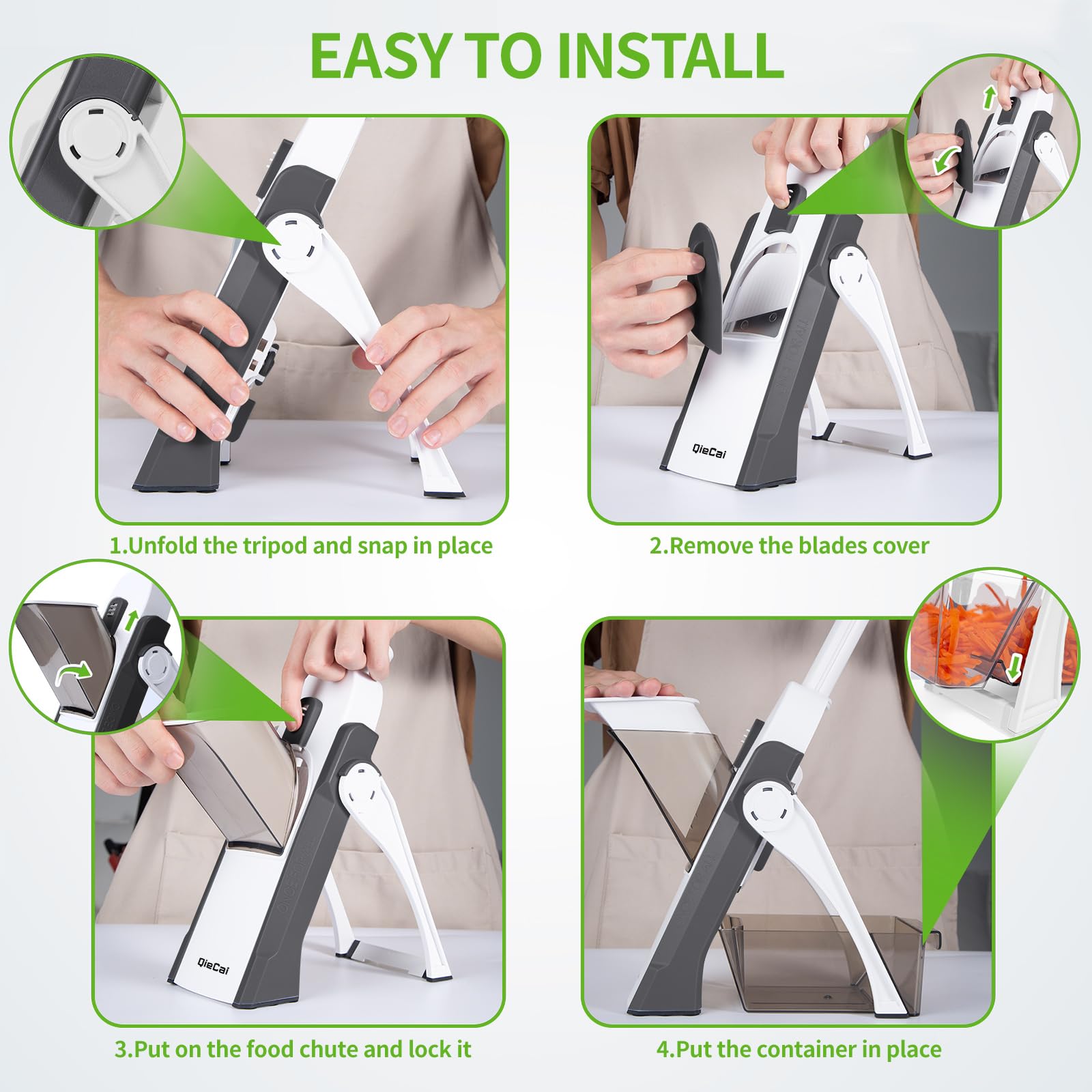 Profesjonalna mandolina do krojenia warzyw z pojemnikiem i regulatorem grubości - 30 ustawień, szybkie i bezpieczne krojenie warzyw do cebuli i ziemniaków - obrazek 4