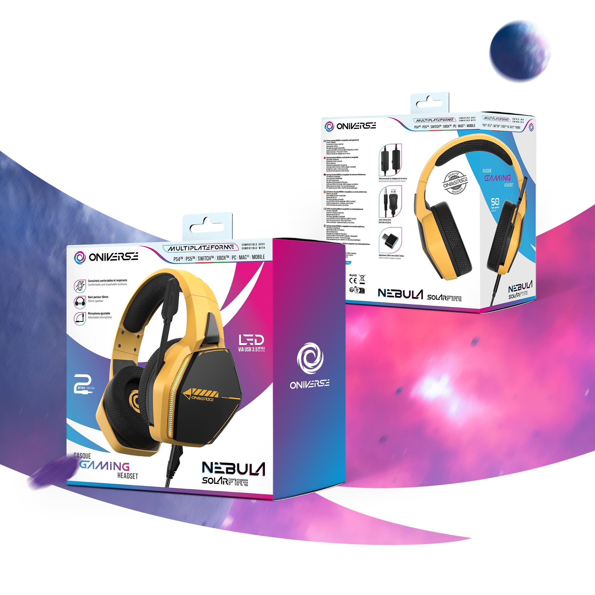 Słuchawki do gier Oniverse Gaming z mikrofonem LED i podkładkami Nebula (SolarFire Yellow) - kompatybilne z PS5, PS4, Switch, Xbox, PC i Mac - obrazek 2