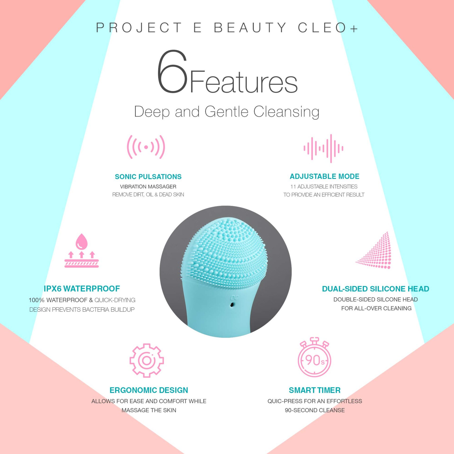 CLEO Sonic Facial Cleansing Brush by Project E Beauty | Cleansing and Exfoliating | Wireless Portable Cleanser | Massager Brush | Travel Size | Waterproof Soft Silicone
CLEO Szczoteczka do Czyszczenia Twarzy Sonic od Project E Beauty | Oczyszczanie i Peeling | Bezprzewodowy Przenośny Oczyszczacz | Szczoteczka Masażera | Rozmiar Podróżny | Wodoodporny Miękki Silikon - obrazek 7