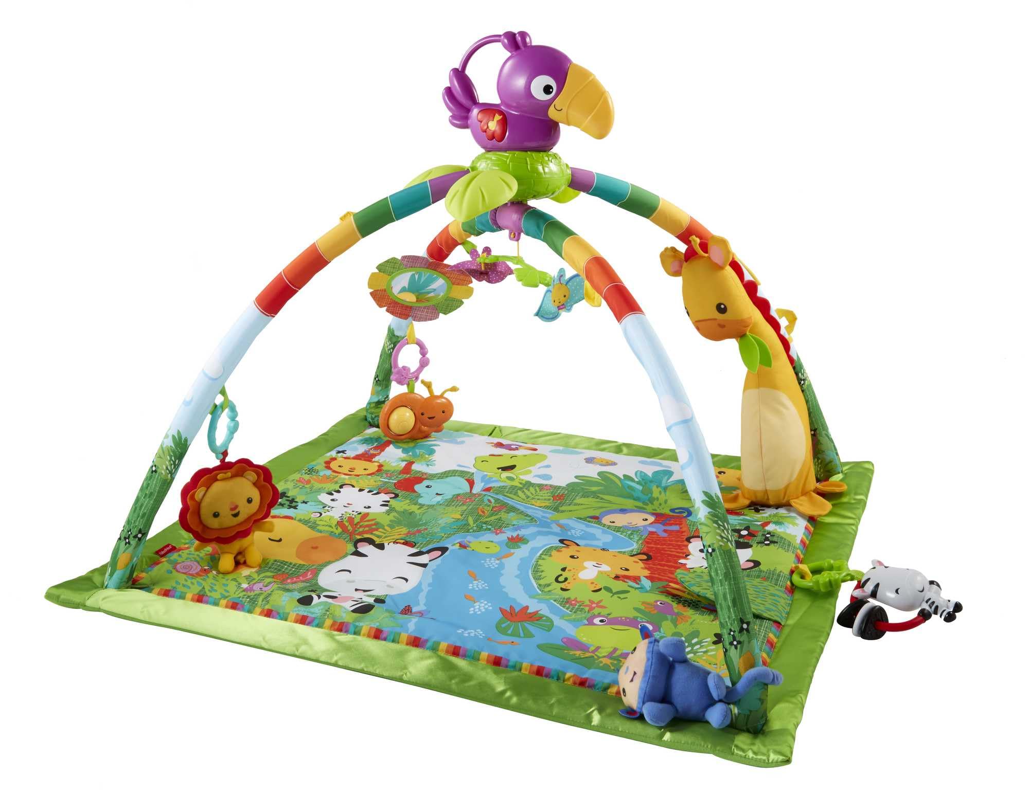 Fisher-Price Mata Gimnastyczna Z Muzyką I Światełkami – Z Atrakcyjnymi Zabawkami I Motywami Lasu Tropikalnego GXC35: Wielofunkcyjna mata gimnastyczna dla dzieci z muzyką, światełkami i atrakcyjnymi zabawkami inspirowanymi lasem tropikalnym GXC35