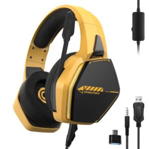 Słuchawki do gier Oniverse Gaming z mikrofonem LED i podkładkami Nebula (SolarFire Yellow) - kompatybilne z PS5, PS4, Switch, Xbox, PC i Mac