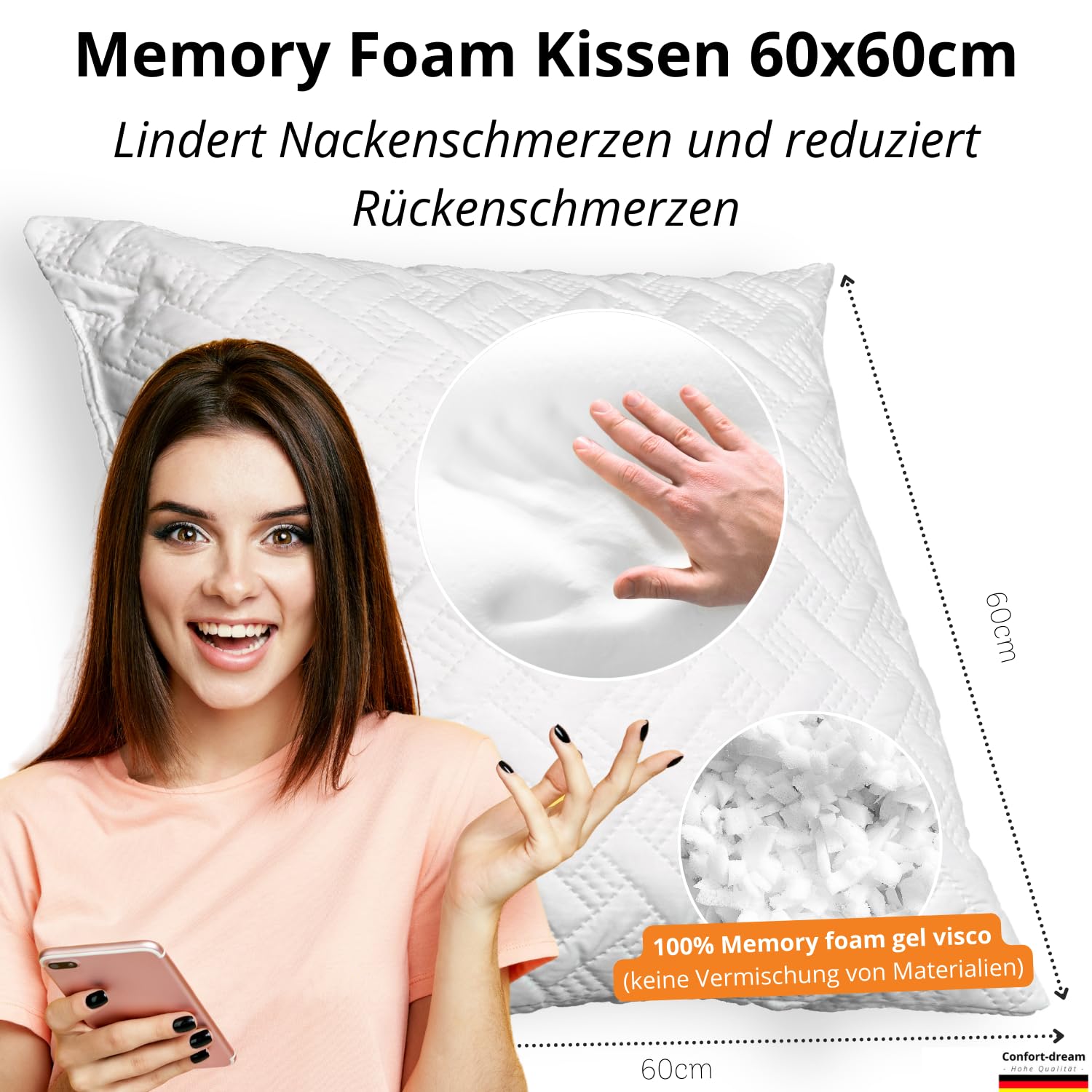 Poduszka Ortopedyczna Na Ból Szyi i Barku i Pleców Z Pamięcią Foam 60x60 cm Poduszka Ortopedyczna Do Spania Antyzmarszczkowa Dekoracyjna Czytania Klin Poduszka Ergonomiczna Szyja Ipad termoelastyczna - obrazek 6