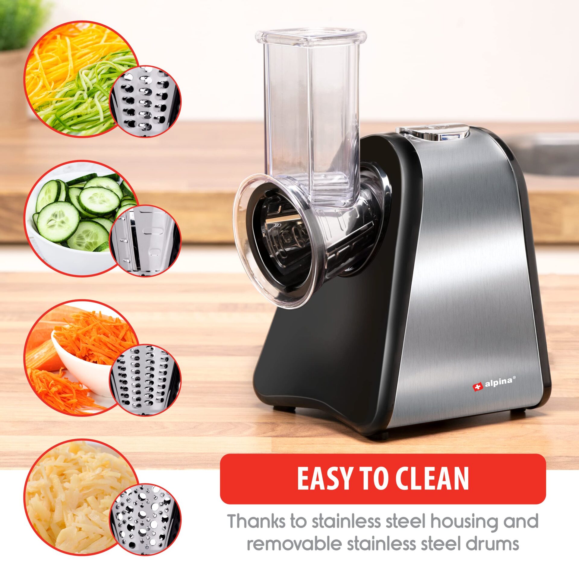 alpina Elektryczna szatkownica do warzyw 4 w 1 - wielofunkcyjna tarka - obrazek 4