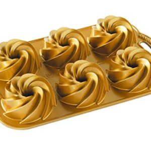 Nordic Ware 88077 Heritage Bundtlette - Odlewana aluminiowa puszka na 6 mini ciastek z wirowanym wzorem - Złoty - Wyprodukowana w USA
