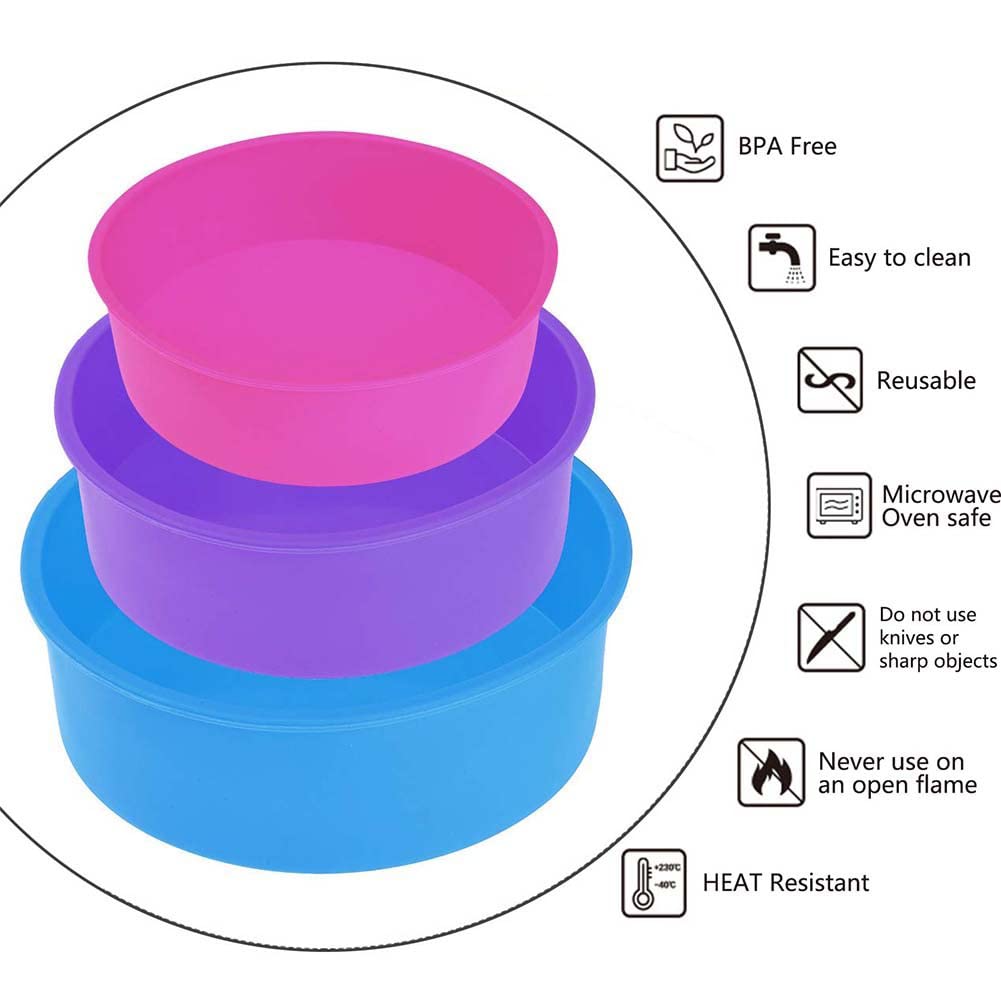 Formy do pieczenia ciast silikonowe - zestaw 3 sztuk, idealne do wypiekania okrągłych ciast i chleba, nieprzywierające, różne rozmiary (4”, 6”, 8”) - obrazek 2