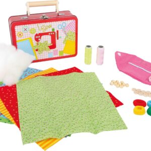 Zestaw do zabawy dla dzieci w walizce - drewniane tkaniny, nożyczki, igły, guziki i koraliki