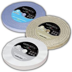 Zestaw 3 tarcza polerska 200 mm Lux Metal - Sizal, Bawełna, Wstępne Polerowanie, Super Wykończenie - Eliminuje Tlenek Aluminium - Do Stali Nierdzewnej, Mosiądzu, Miedzi, Brązu, Żelaza, Drewna i Plastiku