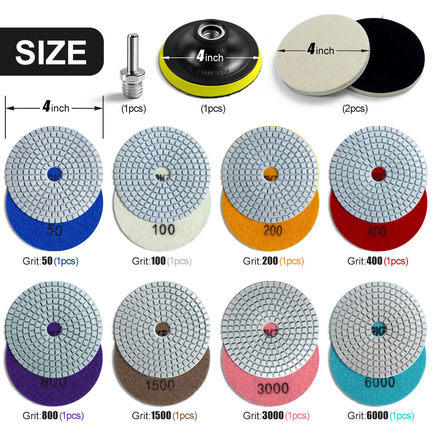 10 cm szlifierka diamentowa tarcza polerska z podkładką podkładową 5/8-11 12 sztuk zestaw podkładek do polerowania na mokro / suchy granit zestaw do szlifowania wiertarek buforów o ziarnistości 50-6000 do betonu marmuru kamienia - obrazek 3