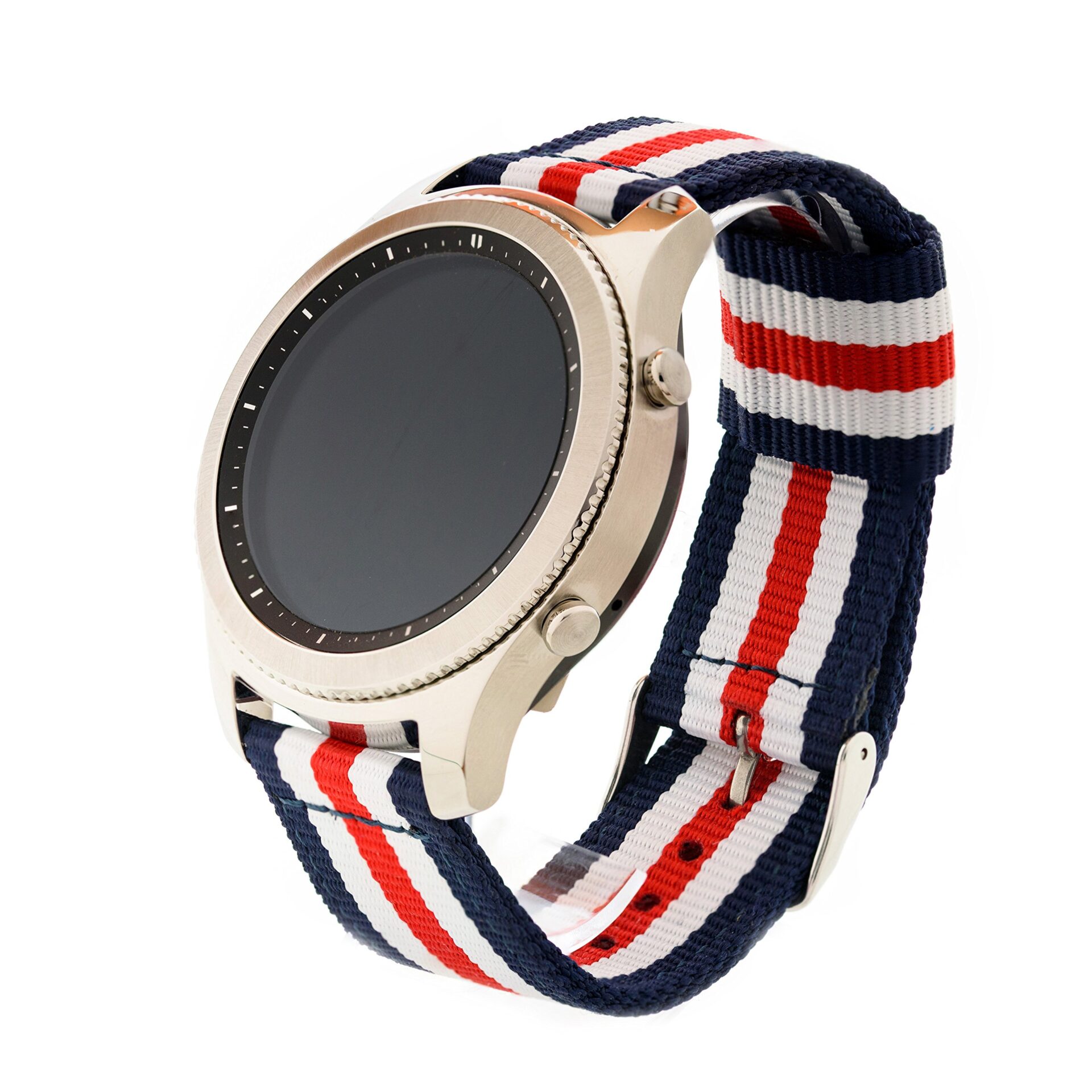 NATO bransoletka do Samsung Gear 3 - niebiesko-biało-czerwony design, wysoka jakość nylonu, bez negatywnego wpływu na pulsometr